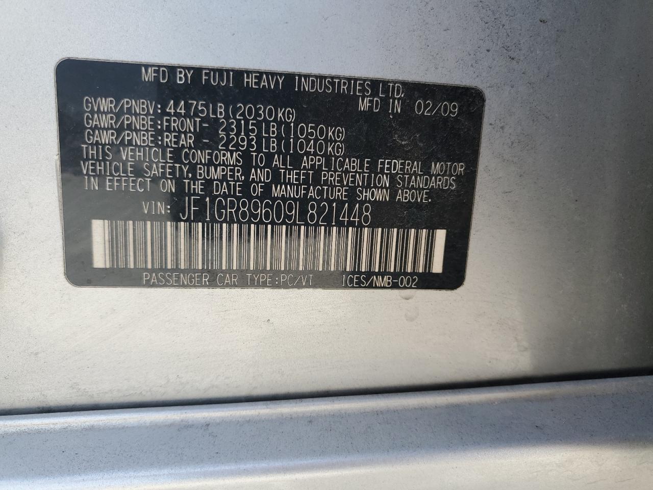 2009 Subaru Impreza Wrx Sti VIN: JF1GR89609L821448 Lot: 80511165