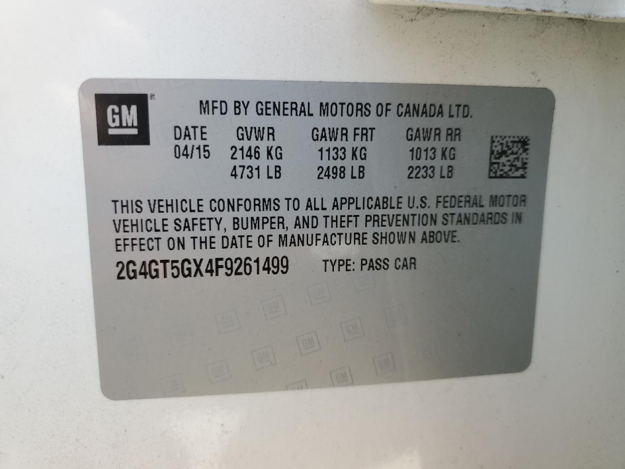 2015 Buick Regal Gs VIN: 2G4GT5GX4F9261499 Lot: 71979415