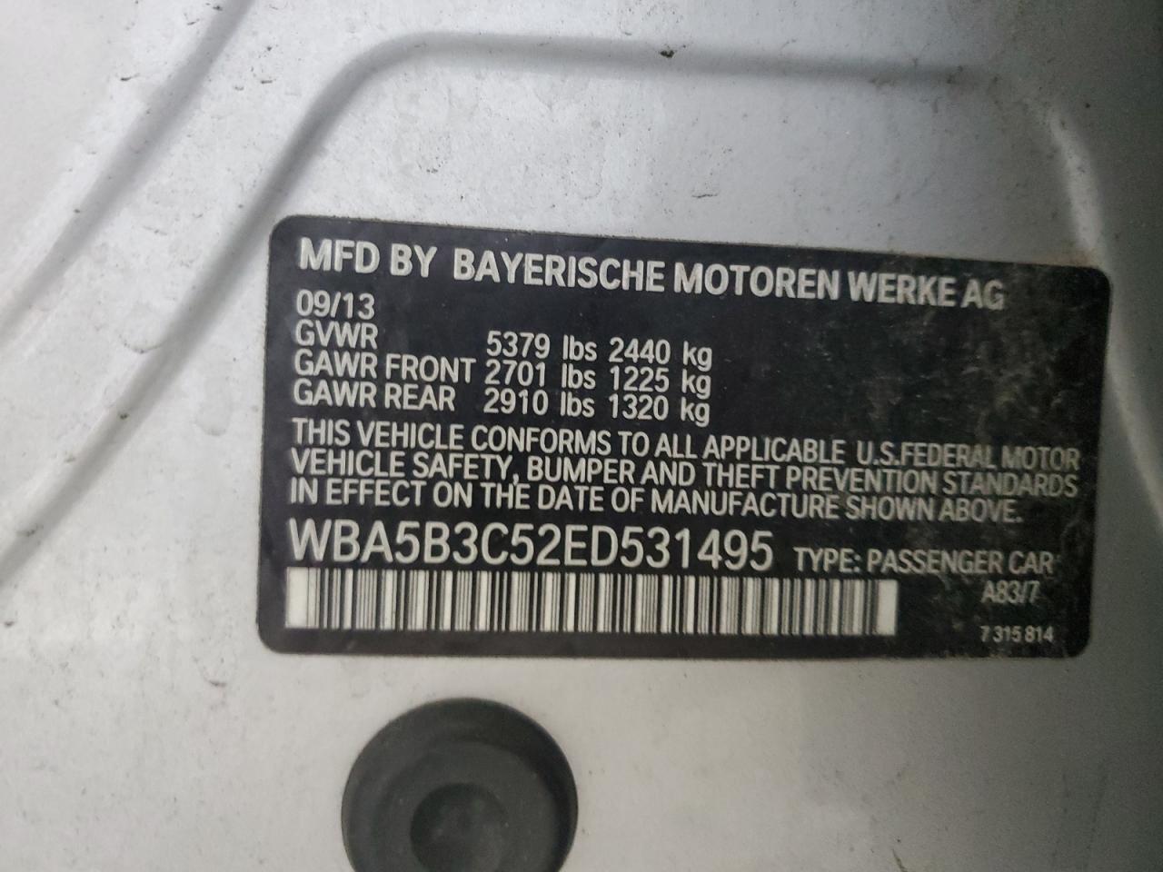 2014 BMW 535 Xi VIN: WBA5B3C52ED531495 Lot: 71194965