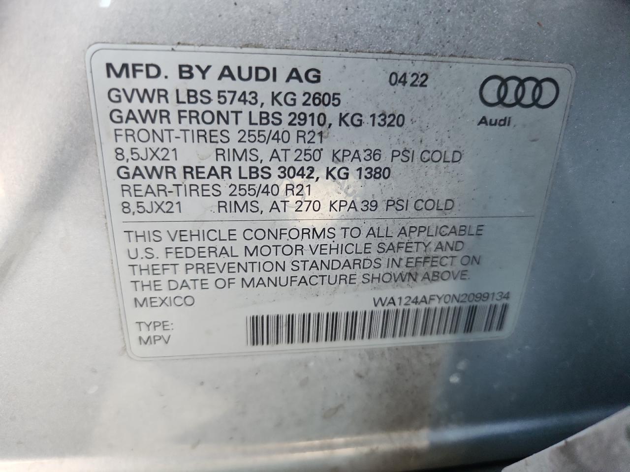 2022 Audi Sq5 Sportback Premium Plus VIN: WA124AFY0N2099134 Lot: 84900195