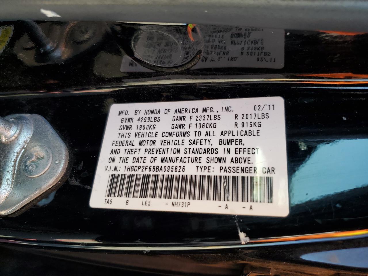 2011 Honda Accord Se VIN: 1HGCP2F68BA095826 Lot: 71134925