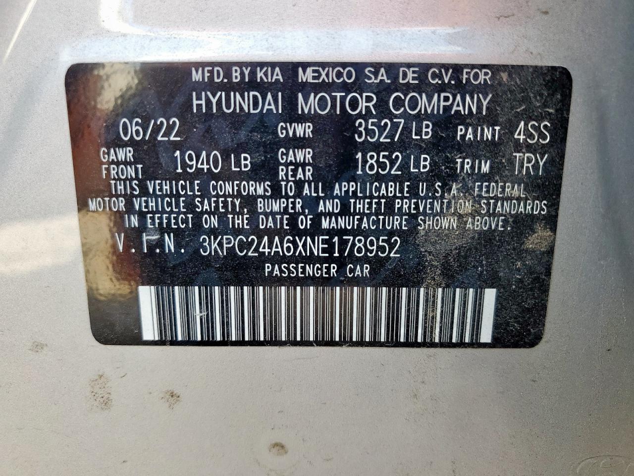 2022 Hyundai Accent Se VIN: 3KPC24A6XNE178952 Lot: 81509725