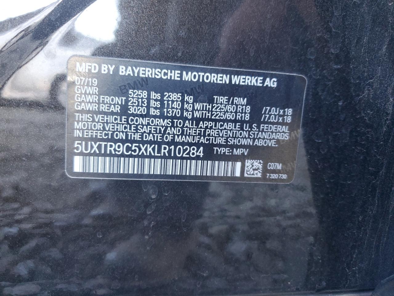 2019 BMW X3 xDrive30I VIN: 5UXTR9C5XKLR10284 Lot: 81050175