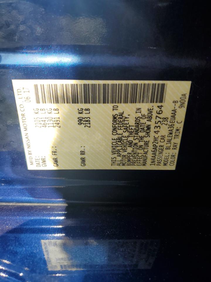 2017 Nissan Maxima 3.5S VIN: 1N4AA6AP2HC435764 Lot: 72047795