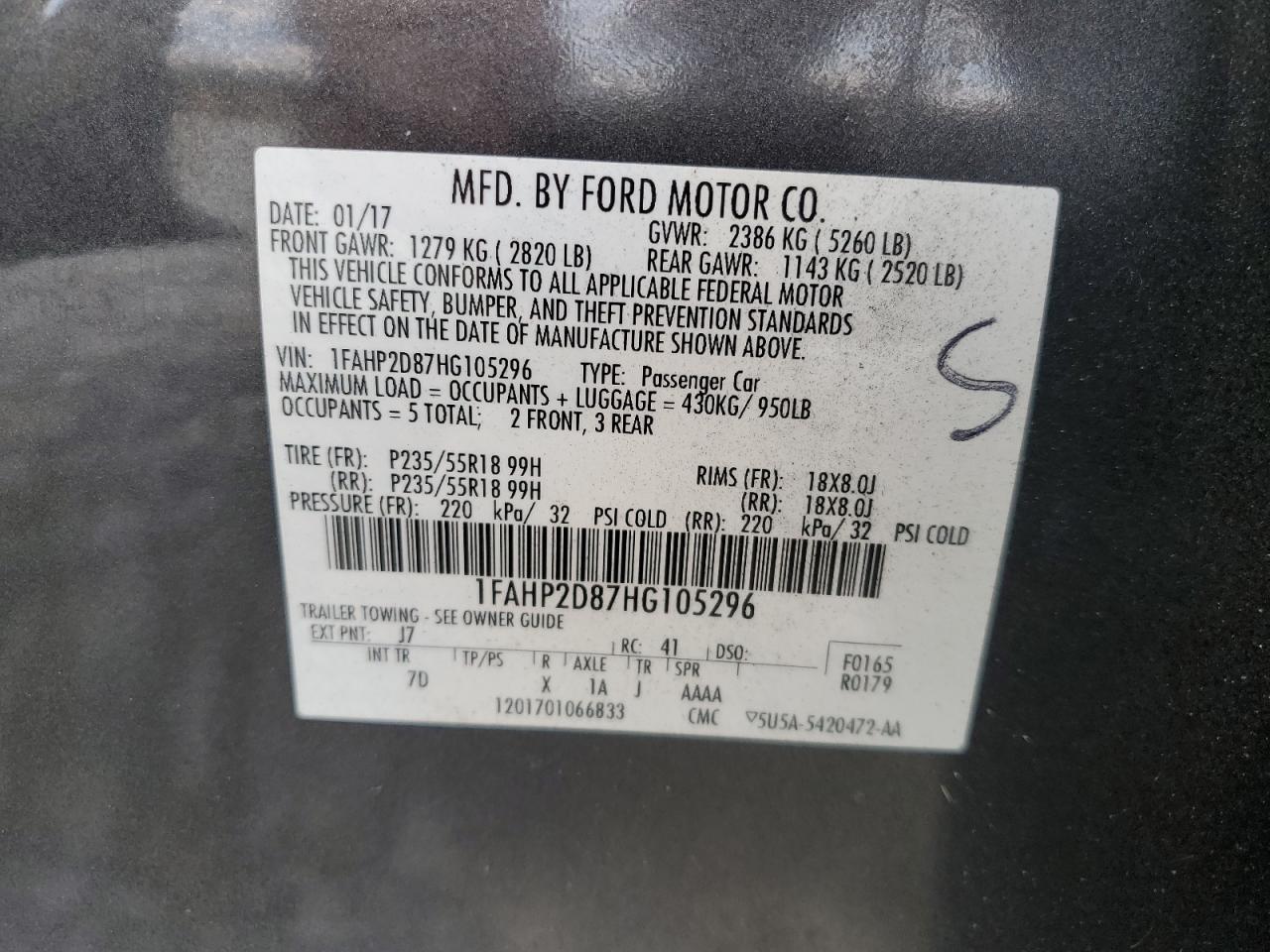 2017 Ford Taurus Se VIN: 1FAHP2D87HG105296 Lot: 81658825