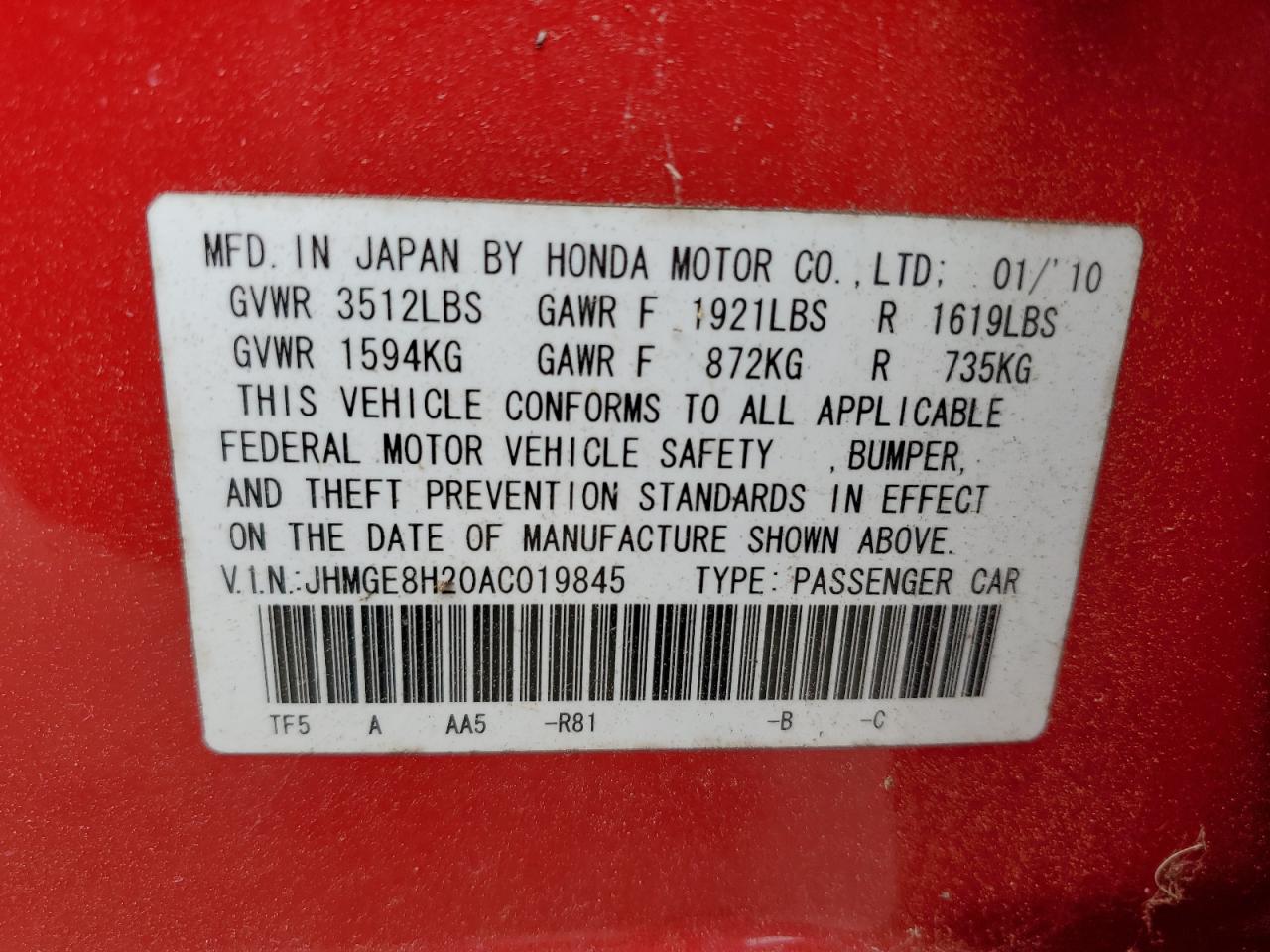 2010 Honda Fit VIN: JHMGE8H20AC019845 Lot: 83795235