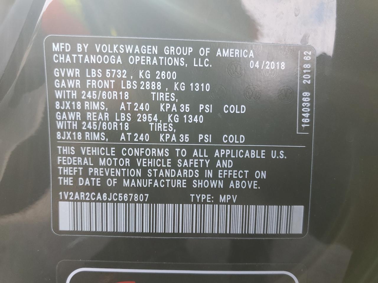 2018 Volkswagen Atlas S VIN: 1V2AR2CA6JC567807 Lot: 81568495