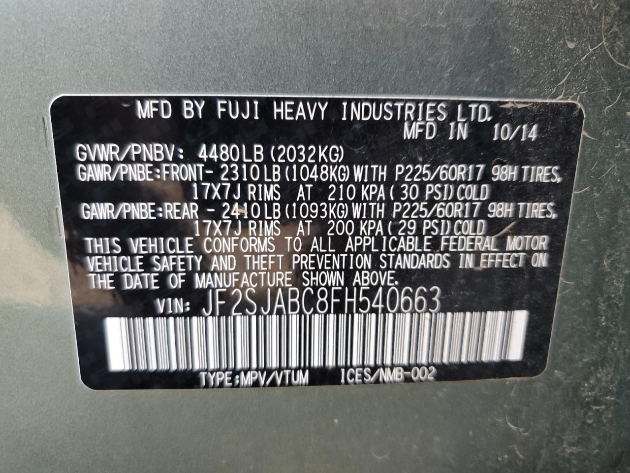 2015 Subaru Forester 2.5I VIN: JF2SJABC8FH540663 Lot: 81438535