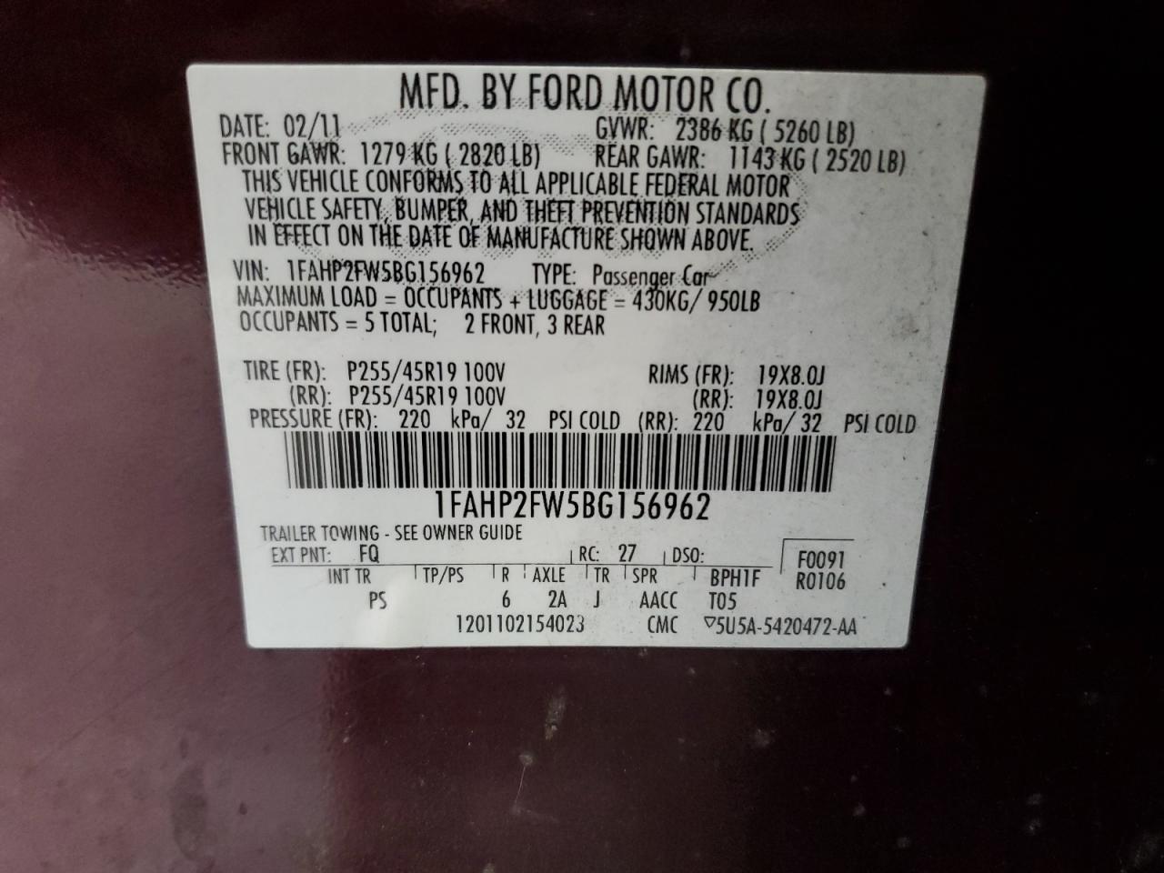 2011 Ford Taurus Limited VIN: 1FAHP2FW5BG156962 Lot: 81204225