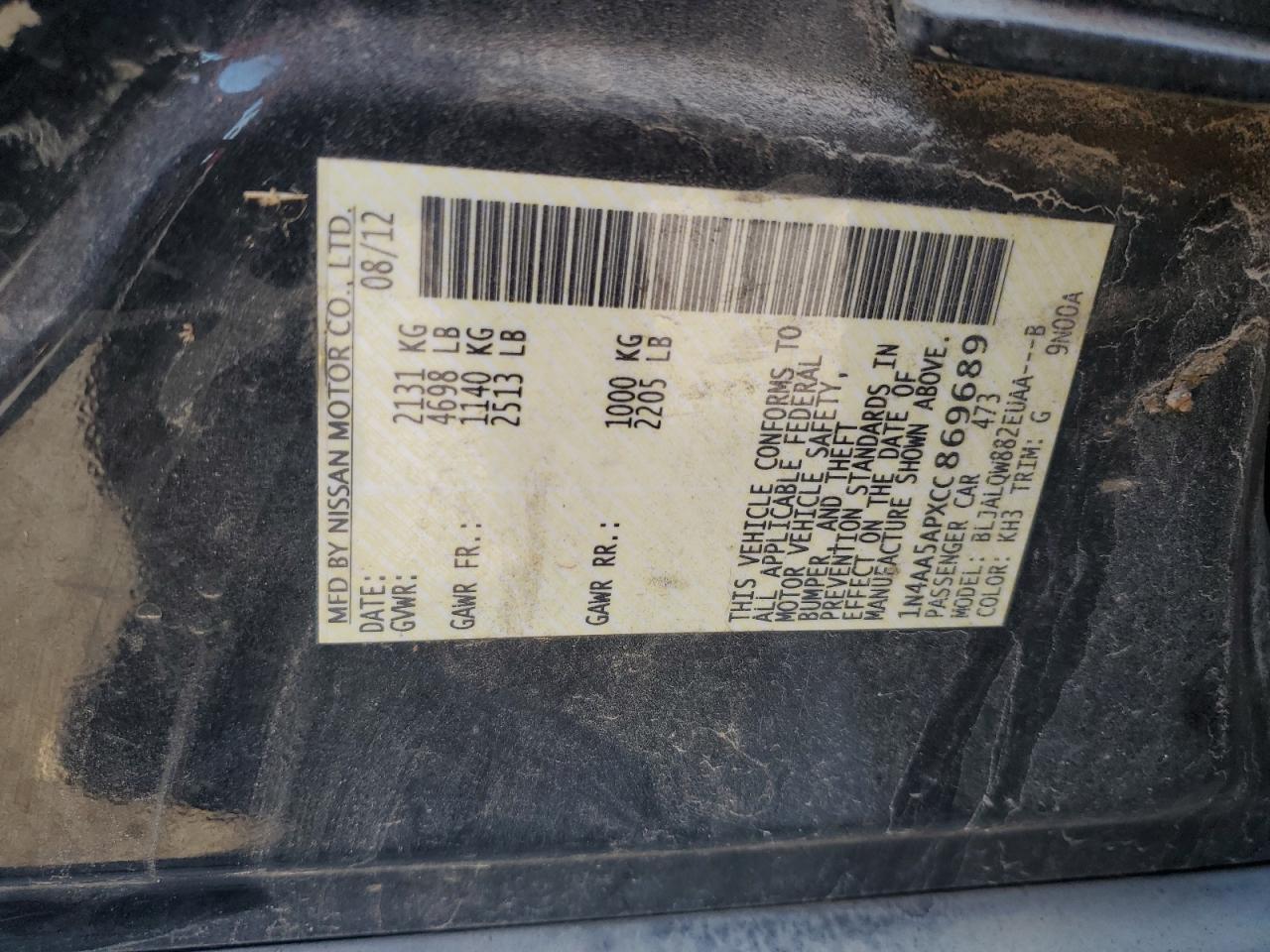 2012 Nissan Maxima S VIN: 1N4AA5APXCC869689 Lot: 71219895