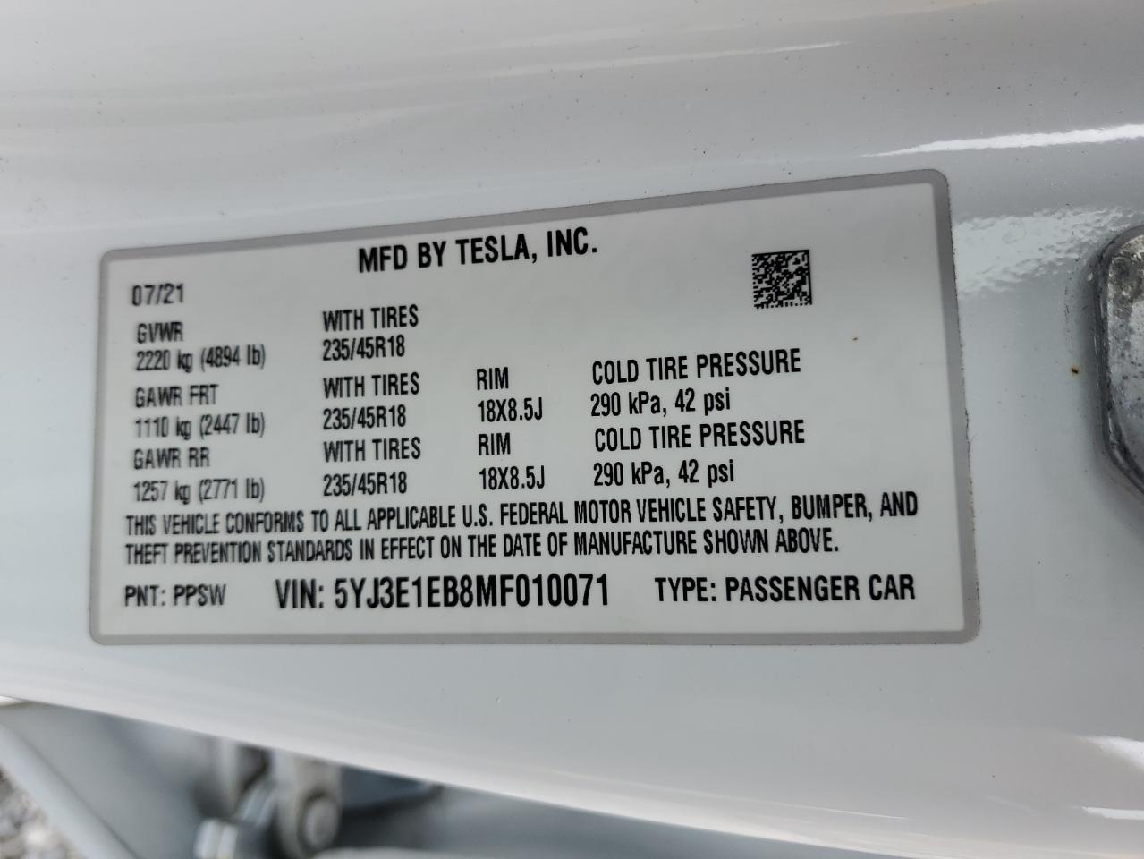 2021 Tesla Model 3 VIN: 5YJ3E1EB8MF010071 Lot: 80175195