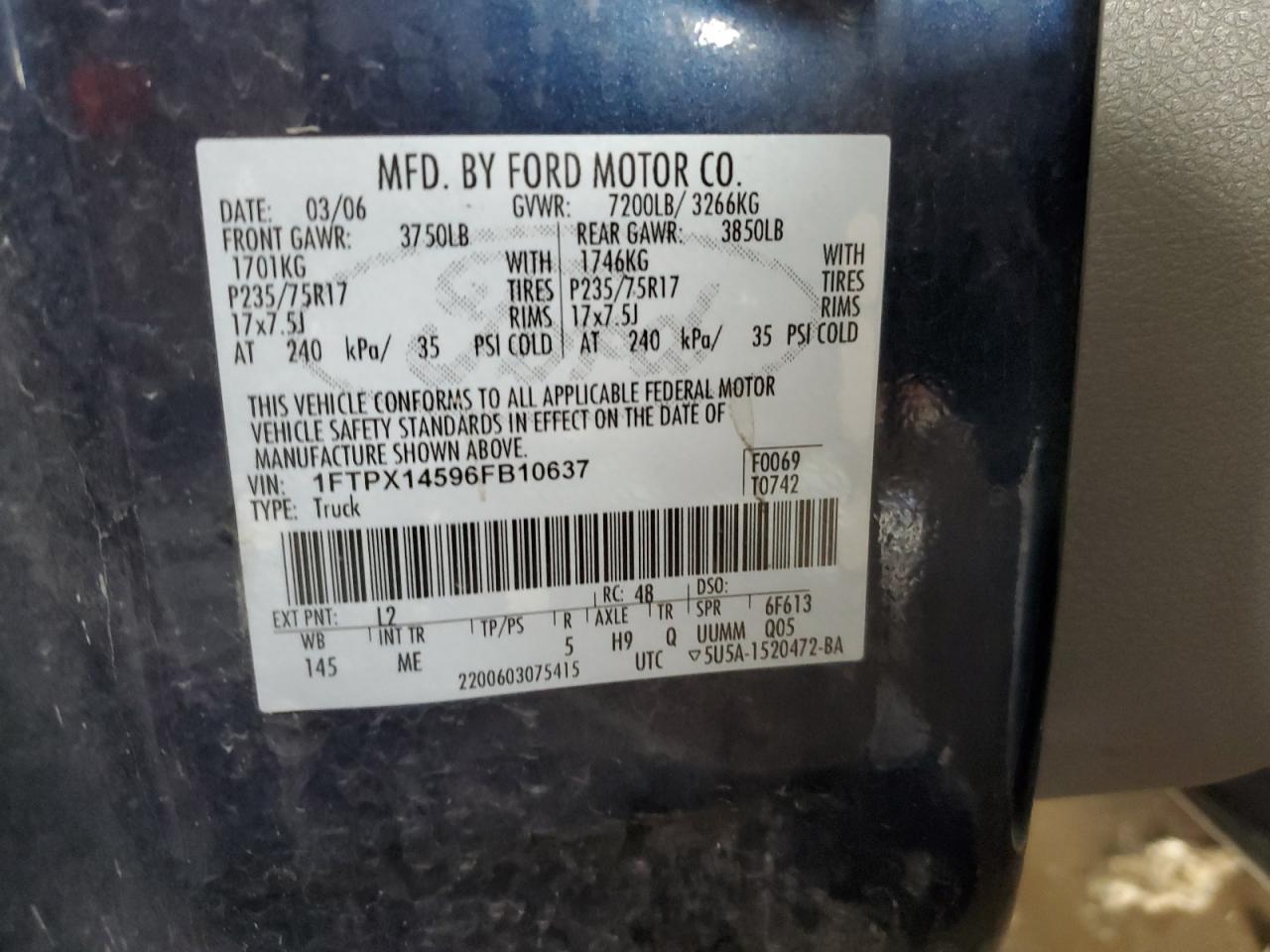 2006 Ford F150 VIN: 1FTPX14596FB10637 Lot: 80836145