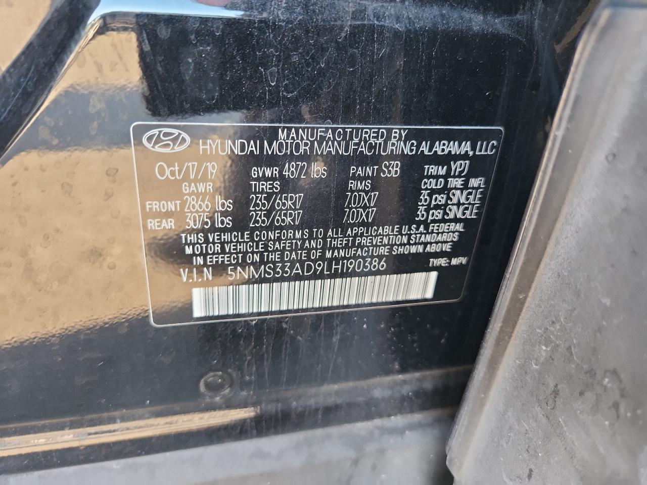 2020 Hyundai Santa Fe Sel VIN: 5NMS33AD9LH190386 Lot: 82137465