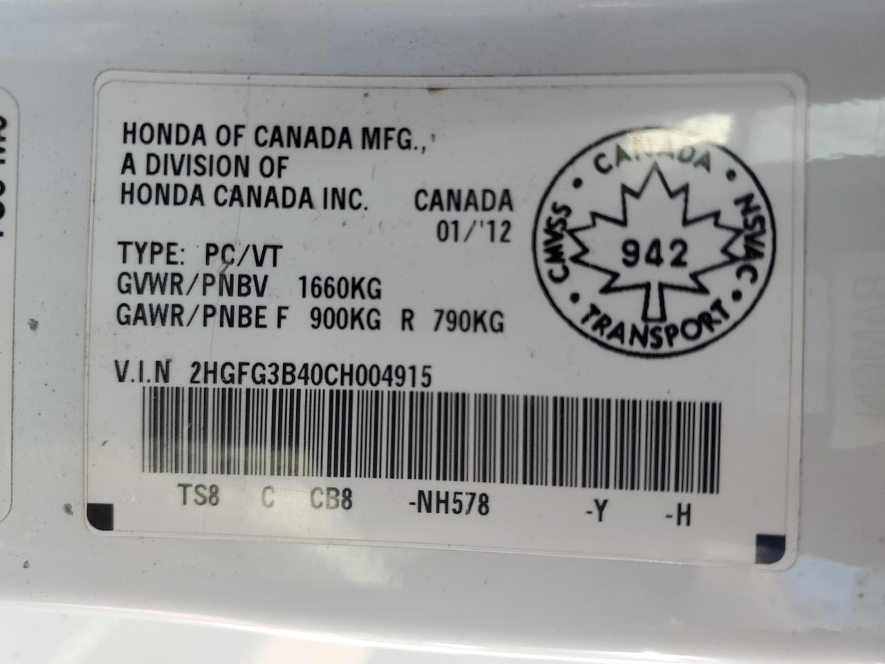 2012 Honda Civic Lx VIN: 2HGFG3B40CH004915 Lot: 83869535