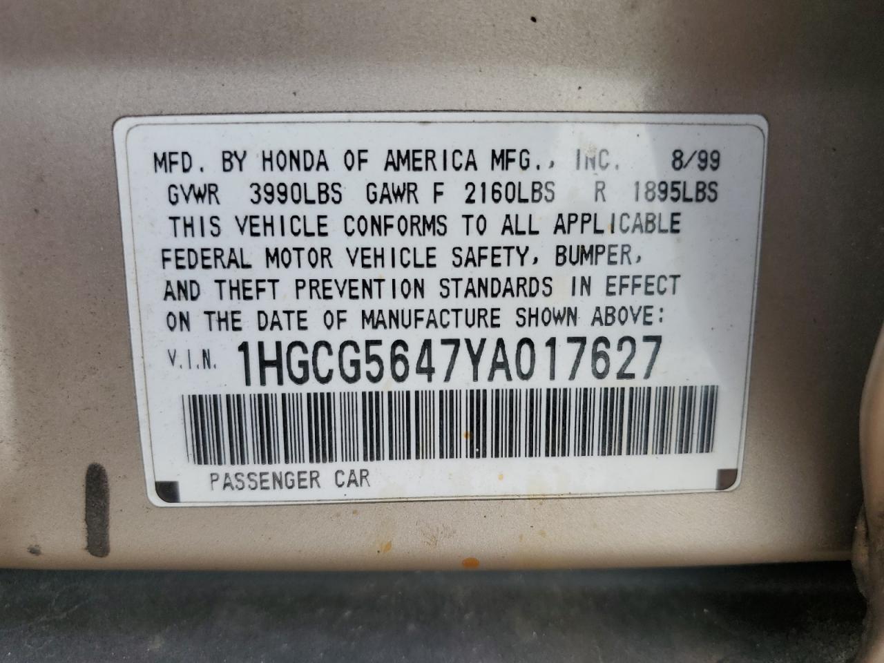2000 Honda Accord Lx VIN: 1HGCG5647YA017627 Lot: 81343955