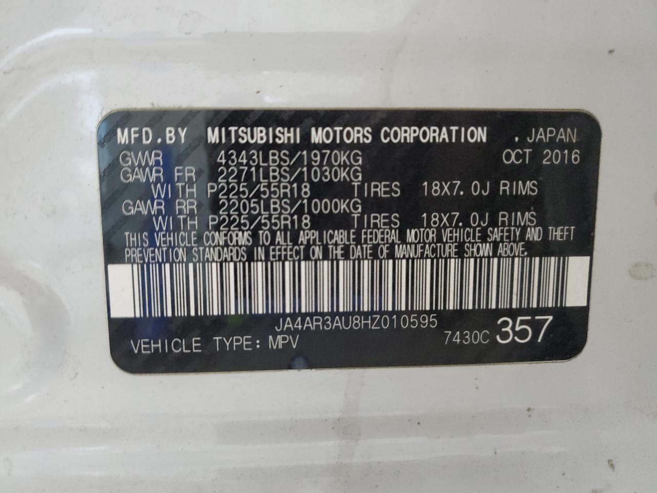 2017 Mitsubishi Outlander Sport Es VIN: JA4AR3AU8HZ010595 Lot: 81215385