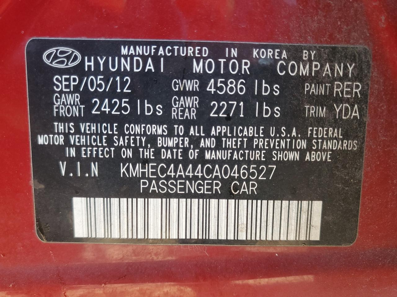 2012 Hyundai Sonata Hybrid VIN: KMHEC4A44CA046527 Lot: 80912455