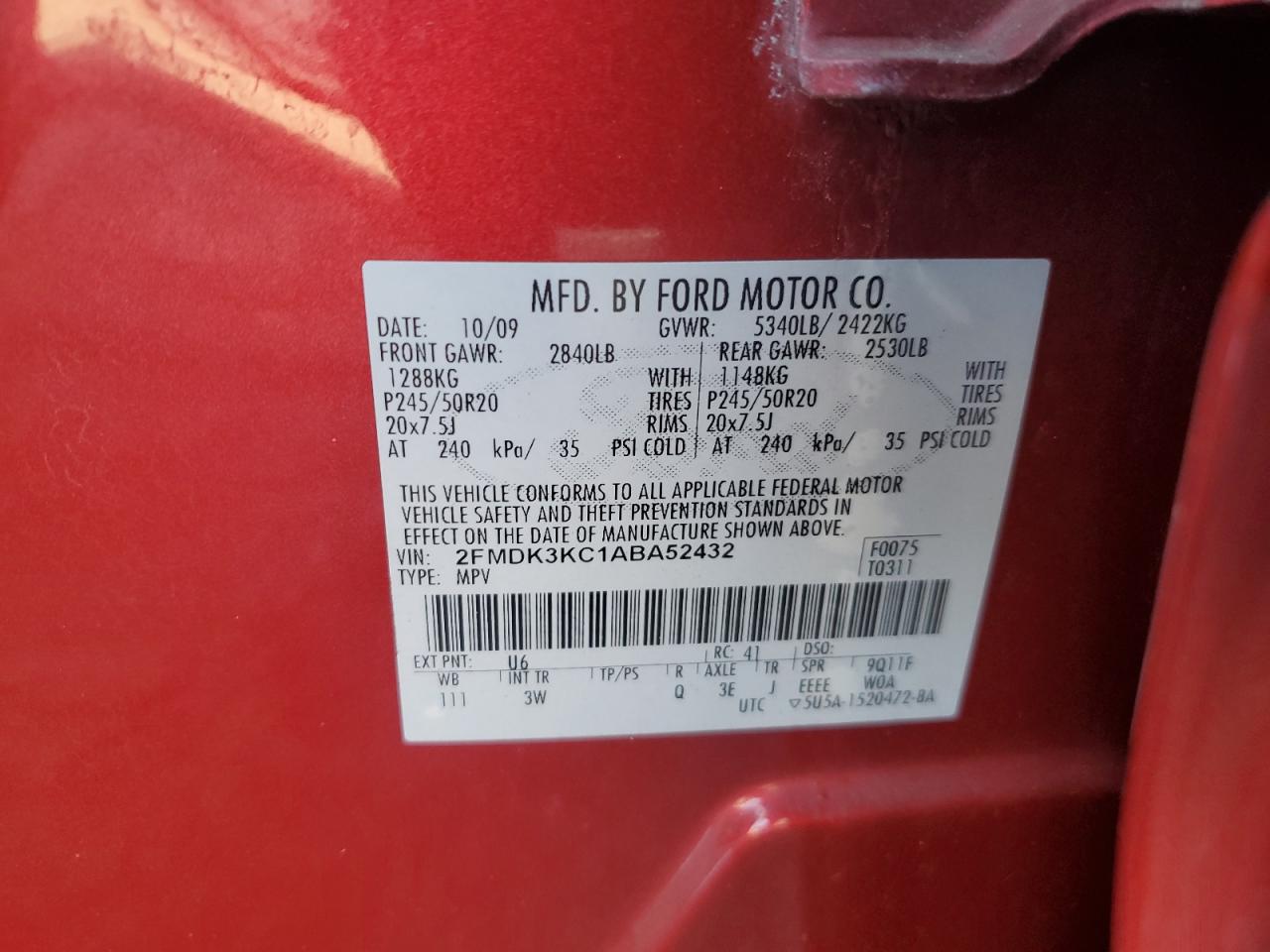 2010 Ford Edge Limited VIN: 2FMDK3KC1ABA52432 Lot: 80793505