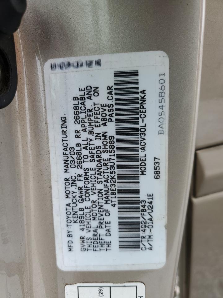 2003 Toyota Camry Le VIN: 4T1BE32K53U715889 Lot: 84467025