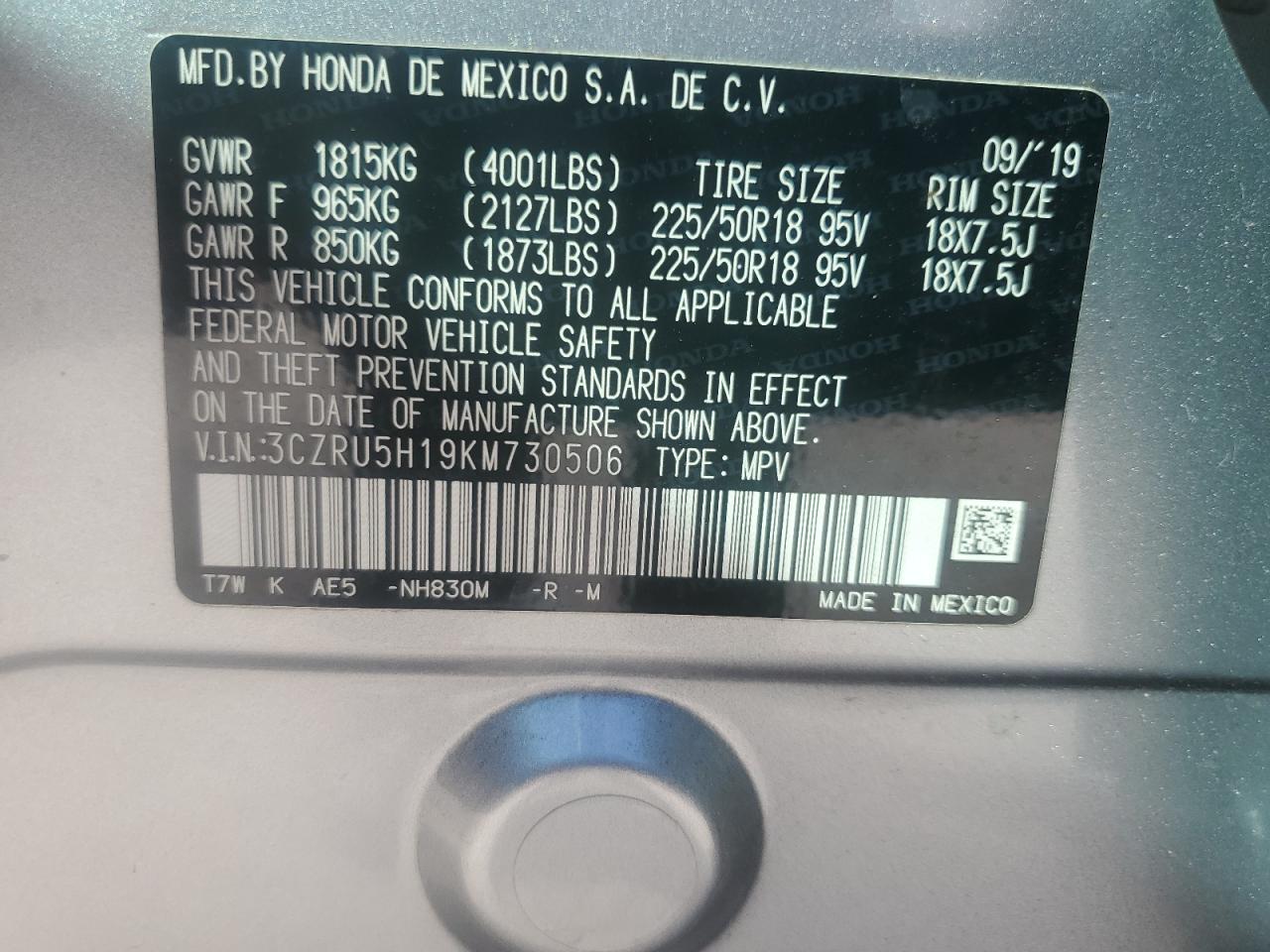 2019 Honda Hr-V Sport VIN: 3CZRU5H19KM730506 Lot: 84705695