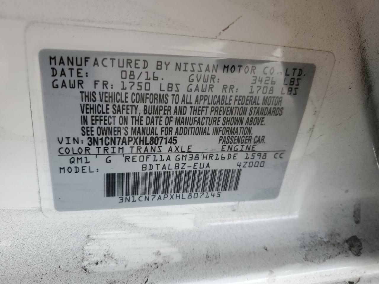 2017 Nissan Versa S VIN: 3N1CN7APXHL807145 Lot: 81810735