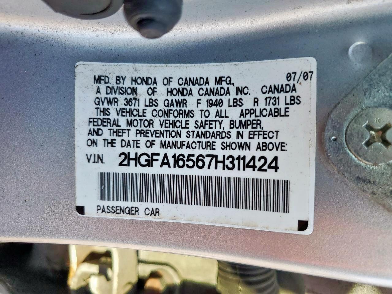 2007 Honda Civic Lx VIN: 2HGFA16567H311424 Lot: 84582045