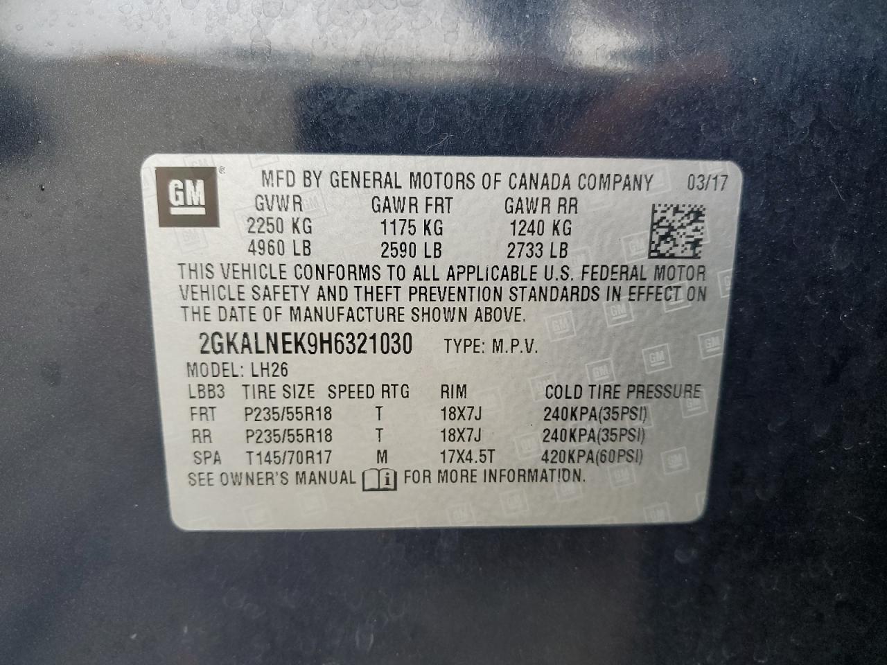 2017 GMC Terrain Sle VIN: 2GKALNEK9H6321030 Lot: 81761645