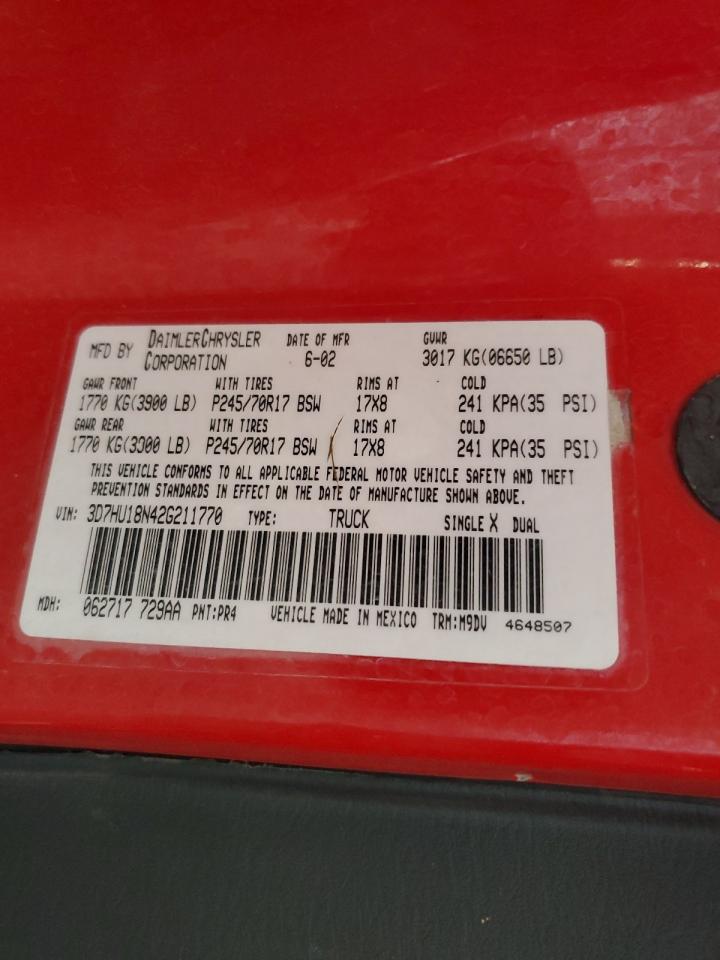 2002 Dodge Ram 1500 VIN: 3D7HU18N42G211770 Lot: 82081375