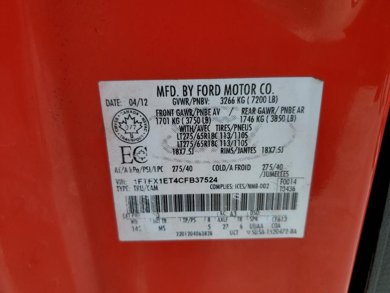 2012 Ford F150 Super Cab VIN: 1FTFX1ET4CFB37524 Lot: 80034475