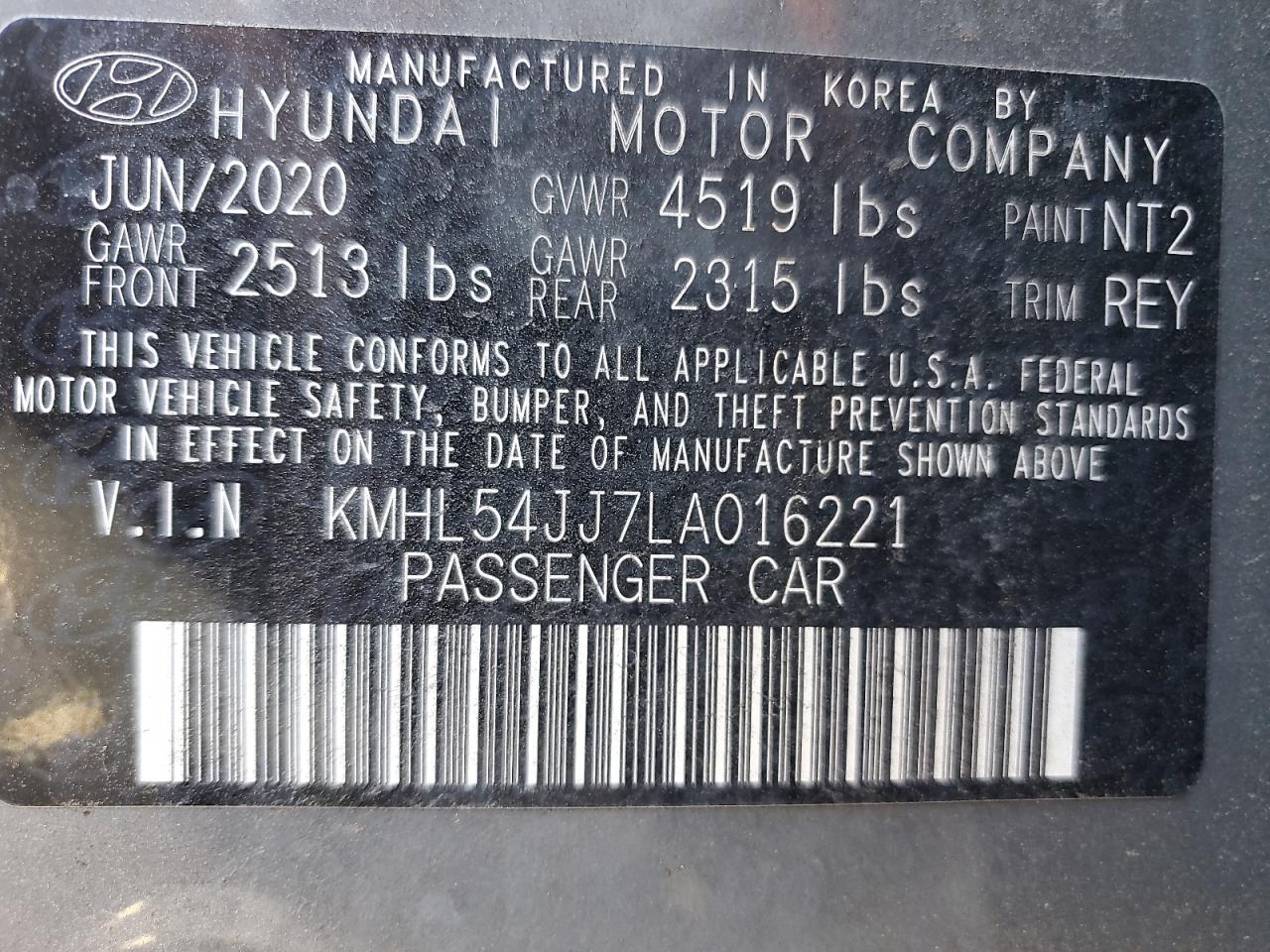 2020 Hyundai Sonata Hybrid VIN: KMHL54JJ7LA016221 Lot: 81071335