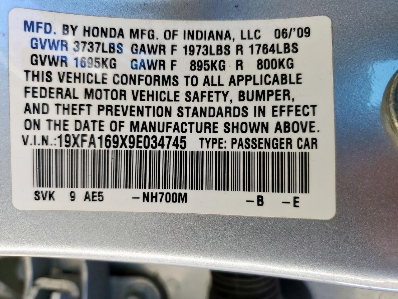 2009 Honda Civic Exl VIN: 19XFA169X9E034745 Lot: 81735905