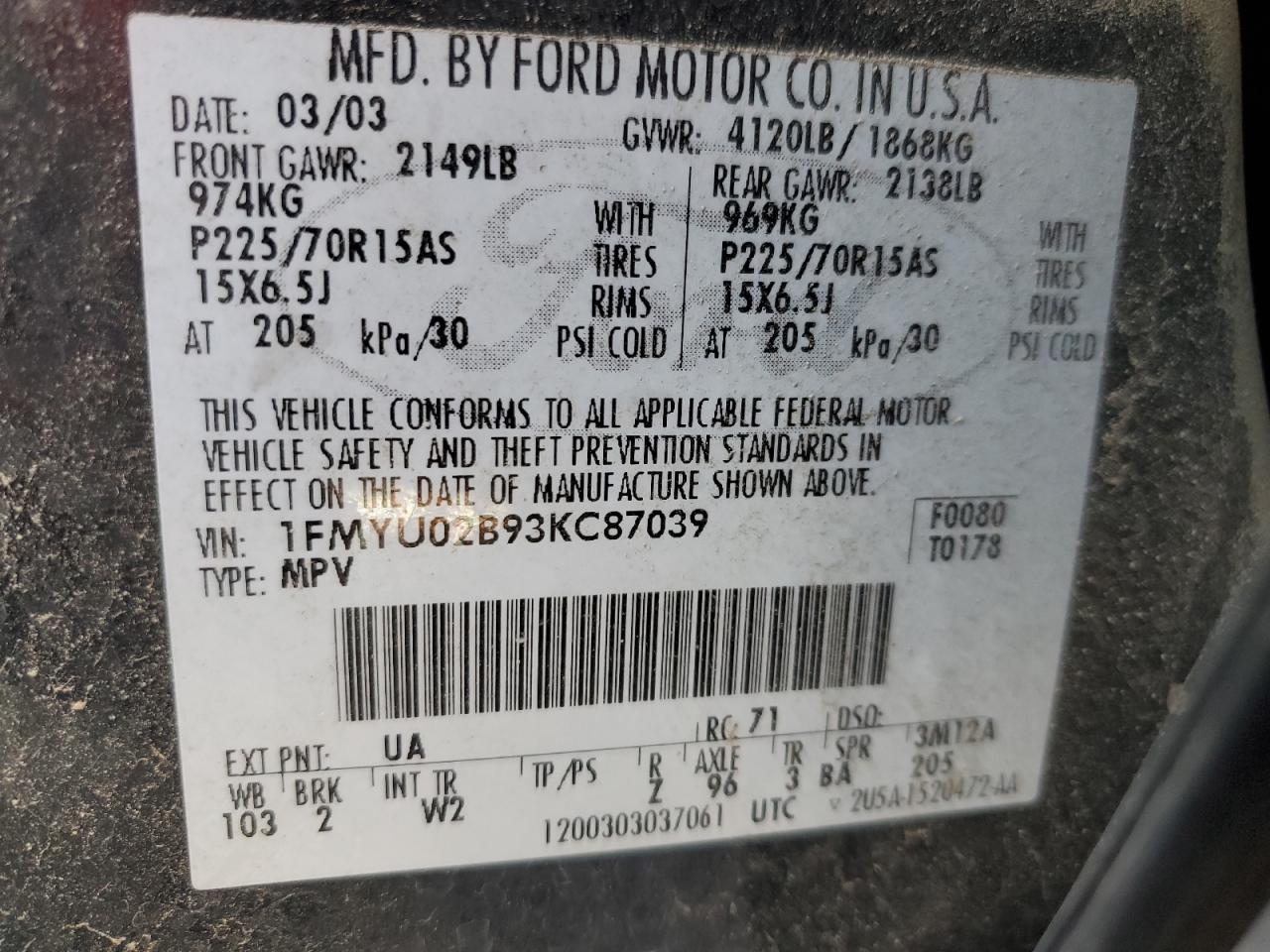 2003 Ford Escape Xls VIN: 1FMYU02B93KC87039 Lot: 84289345