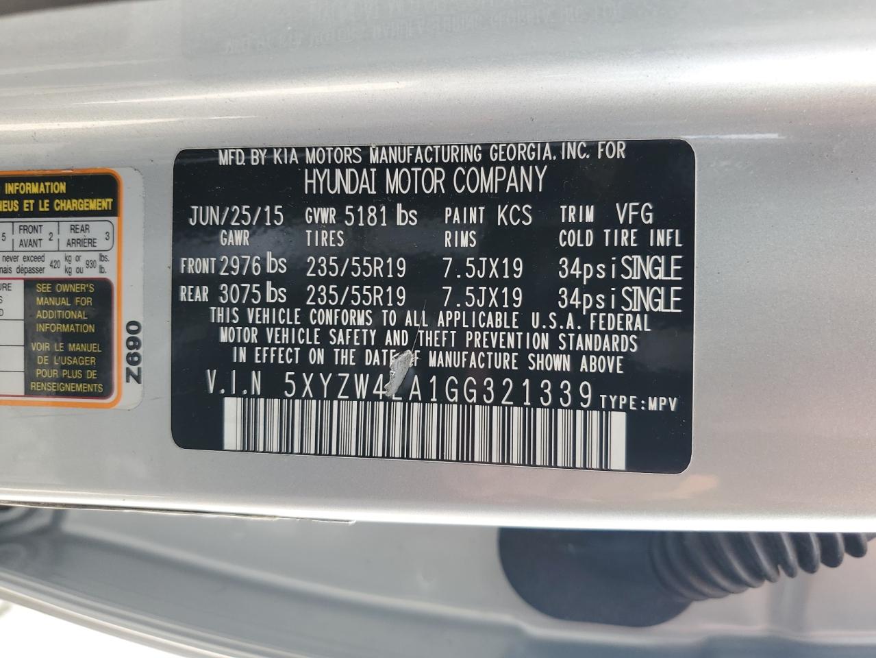 2016 Hyundai Santa Fe Sport VIN: 5XYZW4LA1GG321339 Lot: 83875035