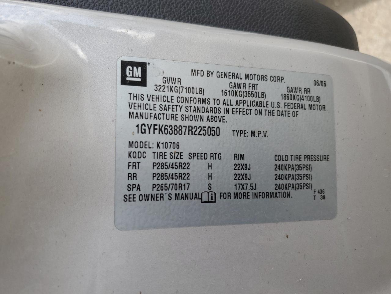 2007 Cadillac Escalade Luxury VIN: 1GYFK63887R225050 Lot: 81780695