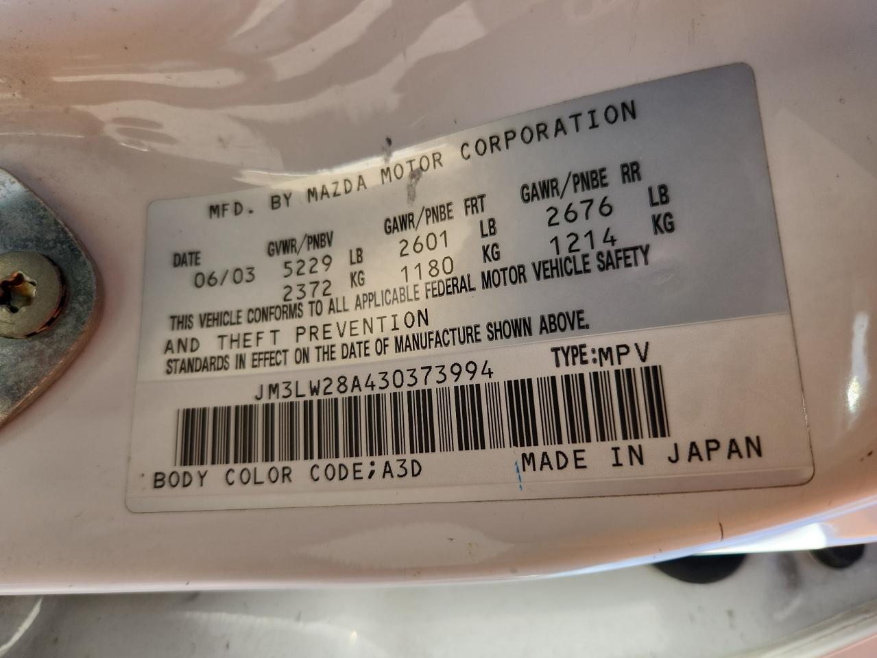 2003 Mazda Mpv Wagon VIN: JM3LW28A430373994 Lot: 80574695