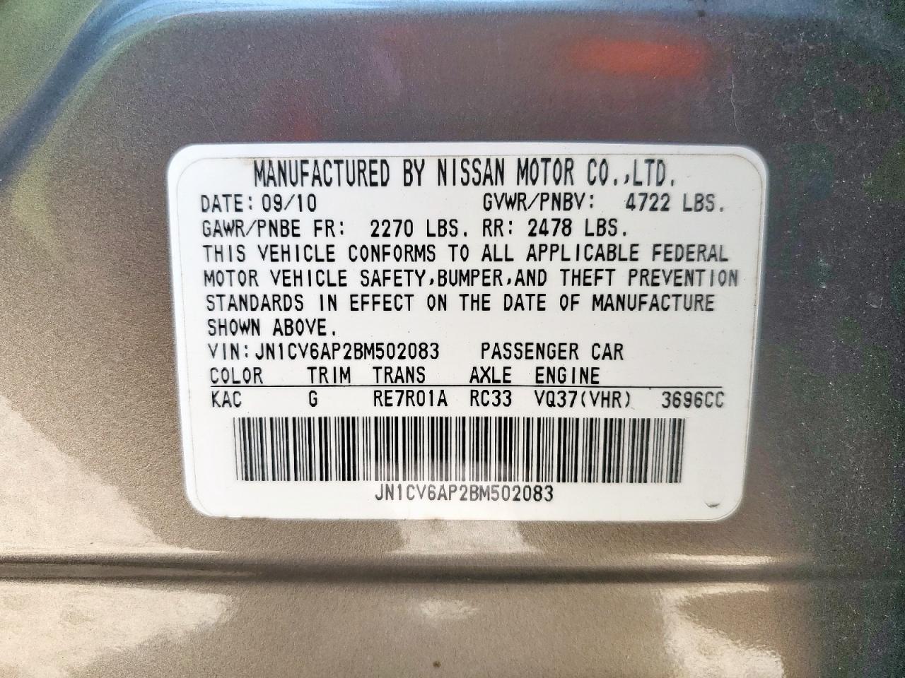 2011 Infiniti G37 Base VIN: JN1CV6AP2BM502083 Lot: 81121435