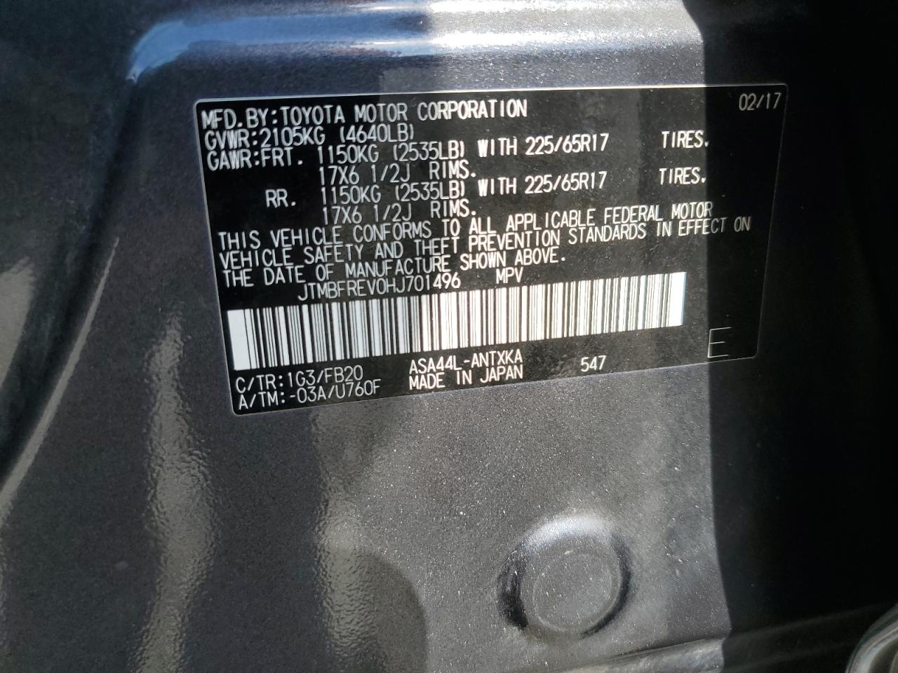 2017 Toyota Rav4 Le VIN: JTMBFREV0HJ701496 Lot: 70861945