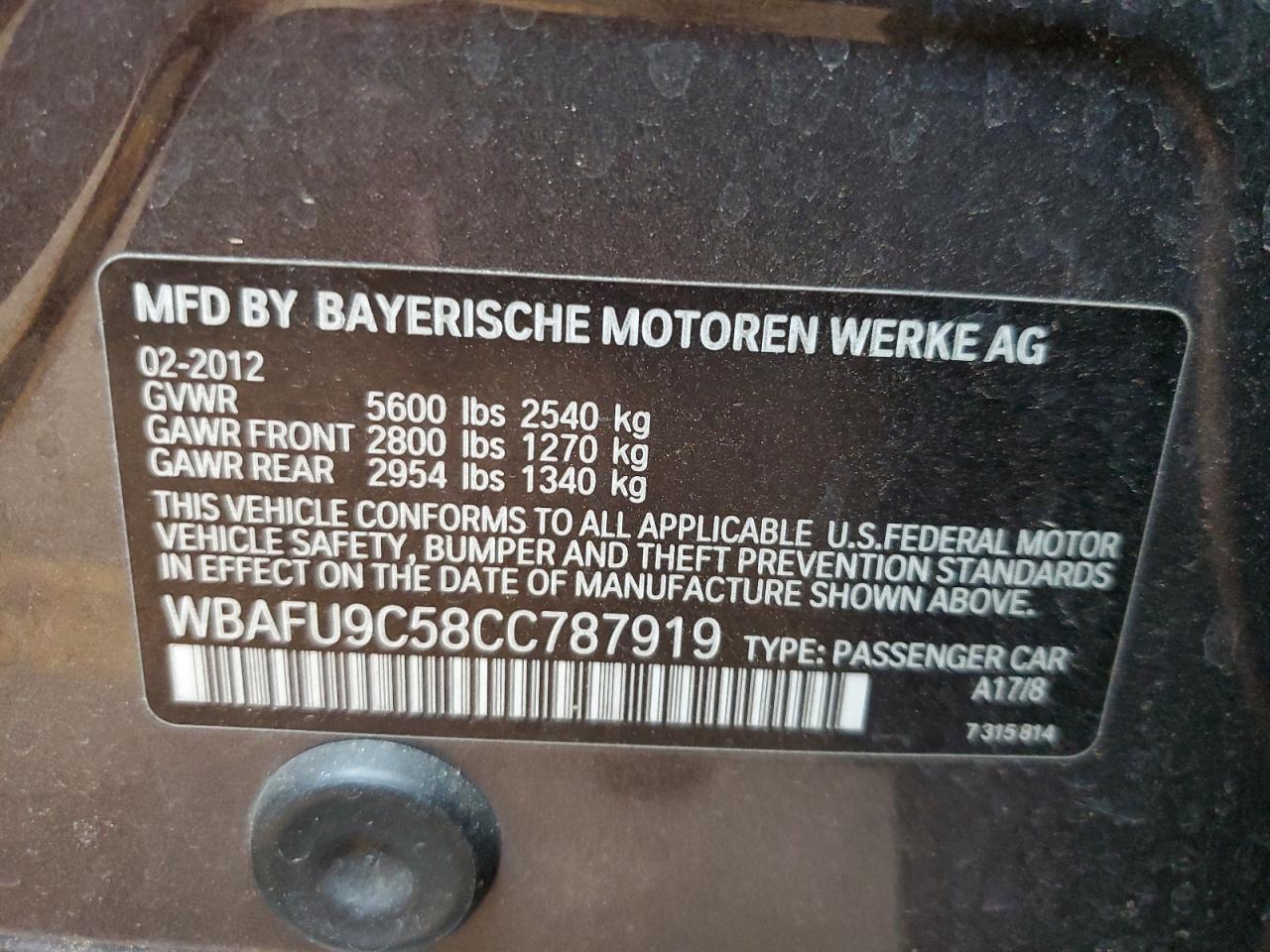 2012 BMW 550 Xi VIN: WBAFU9C58CC787919 Lot: 82092365
