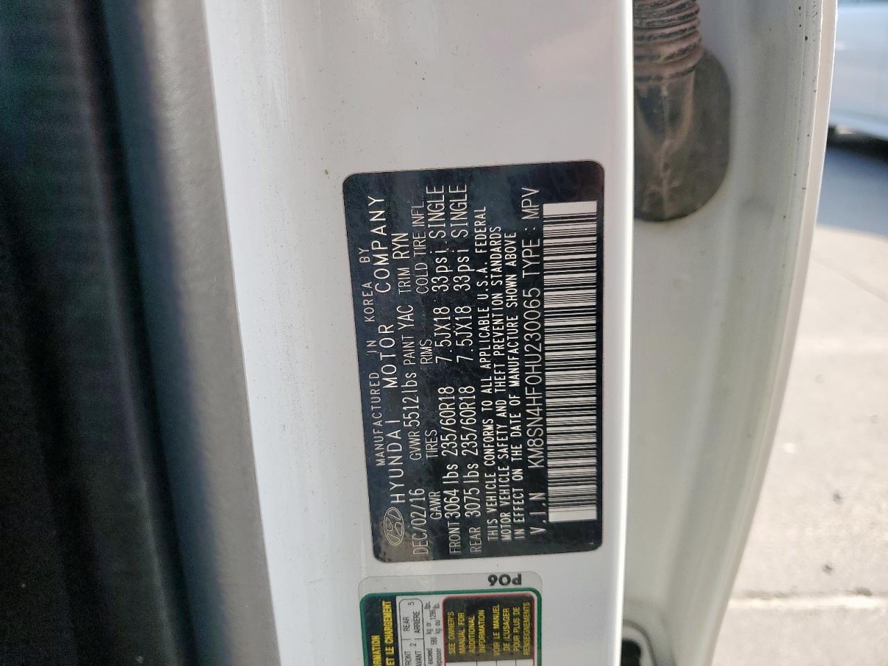 2017 Hyundai Santa Fe Se VIN: KM8SN4HF0HU230065 Lot: 81630015