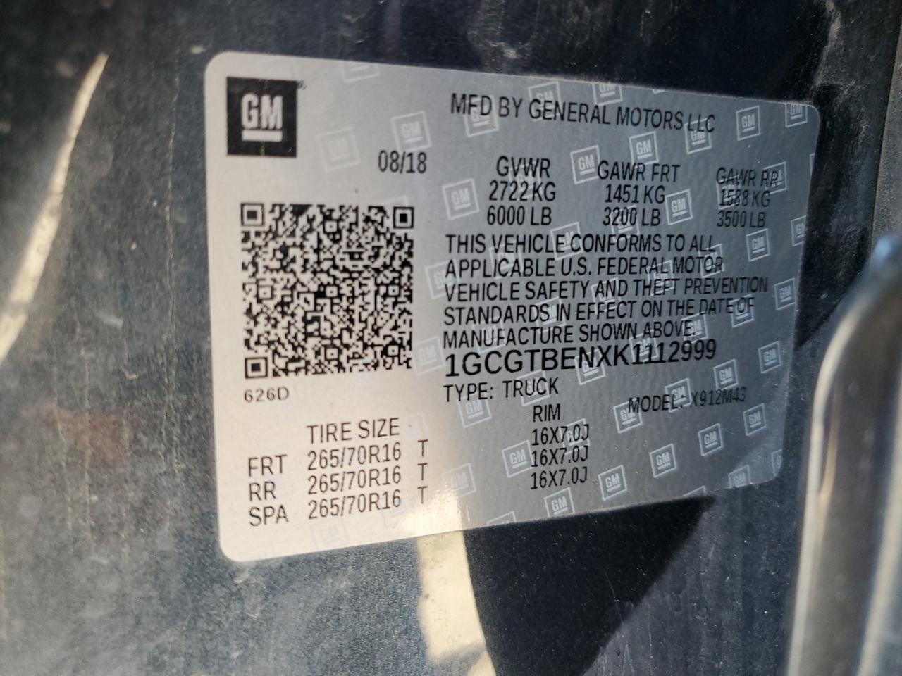 2019 Chevrolet Colorado VIN: 1GCGTBENXK1112999 Lot: 71930405