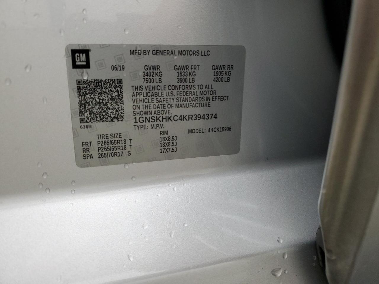 2019 Chevrolet Suburban K1500 Lt VIN: 1GNSKHKC4KR394374 Lot: 80213925