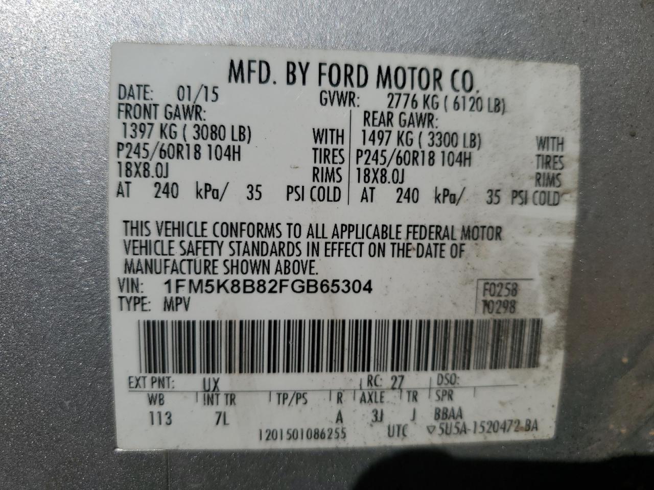 2015 Ford Explorer VIN: 1FM5K8B82FGB65304 Lot: 80966035