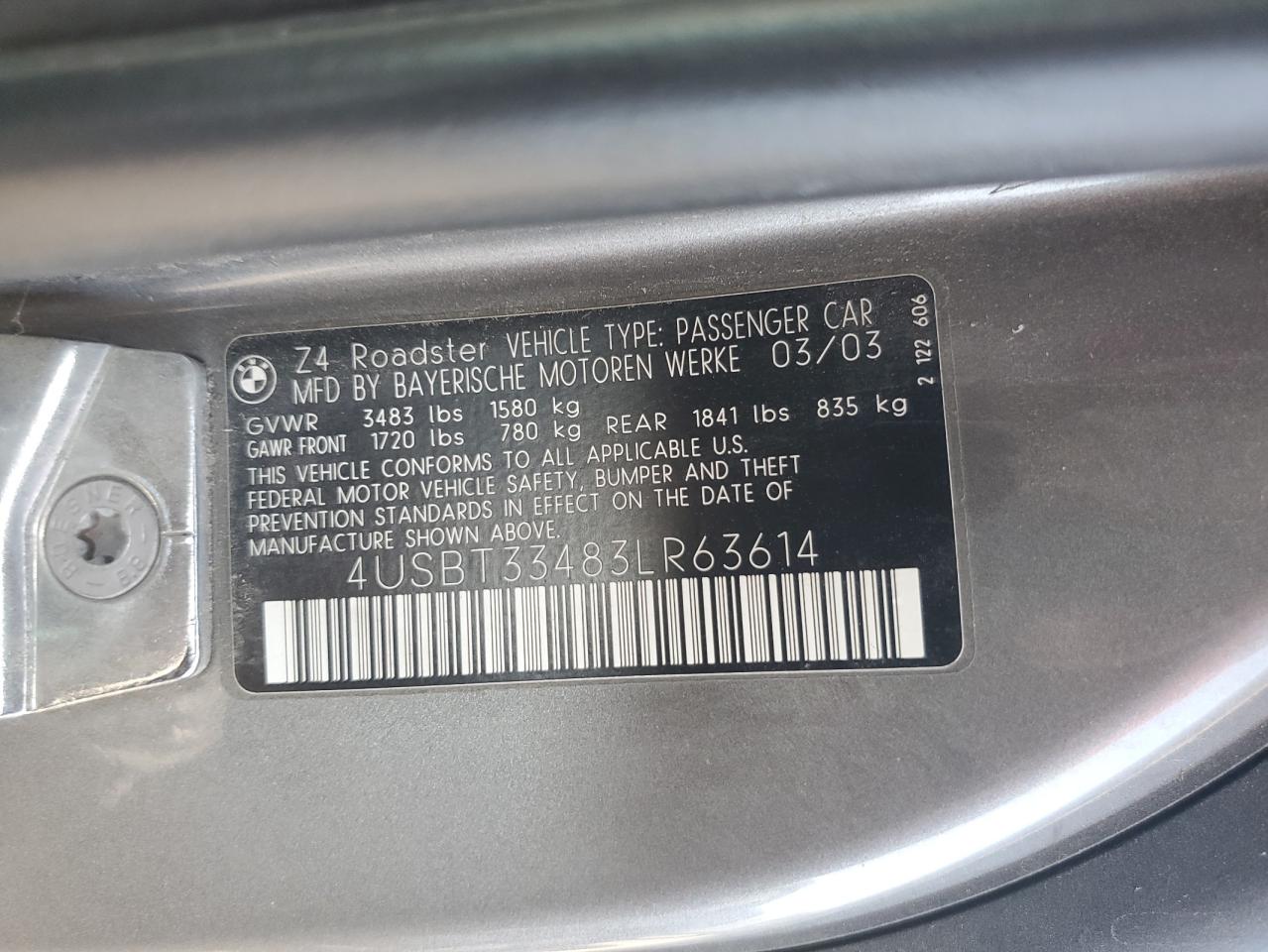 2003 BMW Z4 2.5 VIN: 4USBT33483LR63614 Lot: 71362355