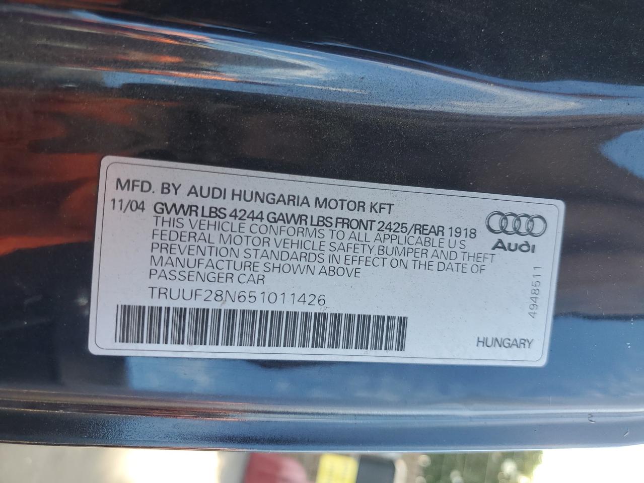 2005 Audi Tt 3.2 VIN: TRUUF28N651011426 Lot: 71112635