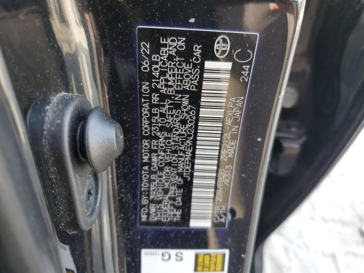 2022 Toyota Corolla Le VIN: JTDEPMAE9NJ230267 Lot: 84264945