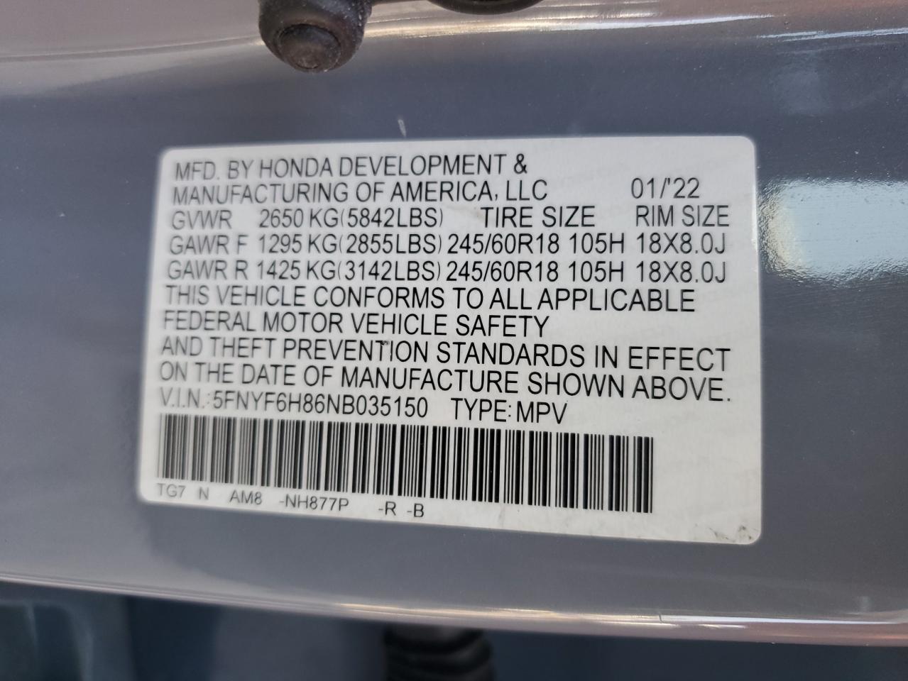 2022 Honda Pilot Trailsport VIN: 5FNYF6H86NB035150 Lot: 80985375