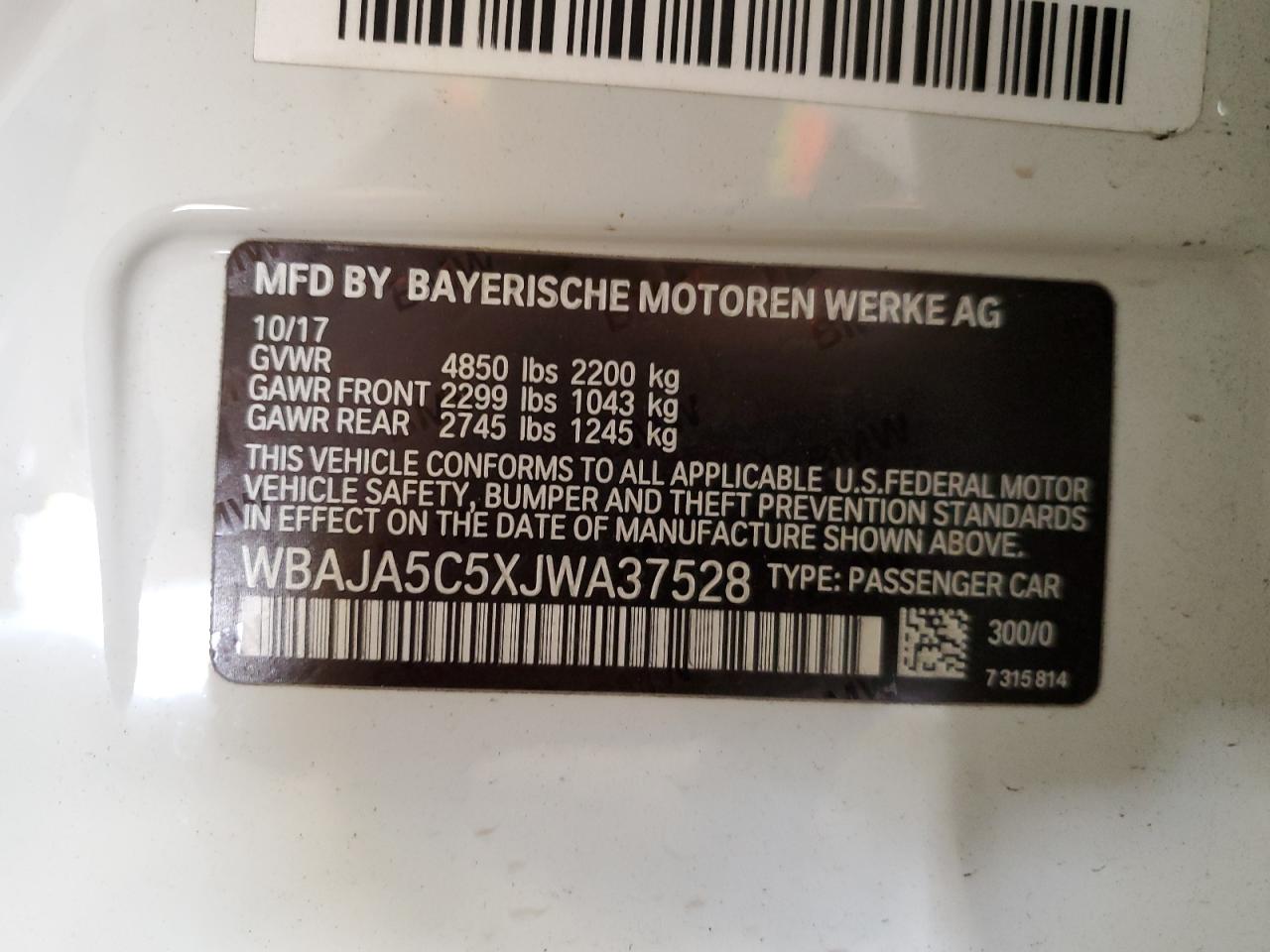 2018 BMW 530 I VIN: WBAJA5C5XJWA37528 Lot: 80874045