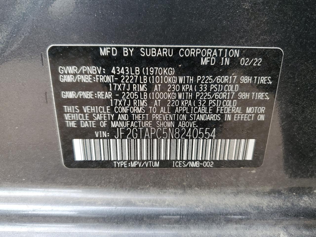 2022 Subaru Crosstrek Premium VIN: JF2GTAPC5N8240554 Lot: 69016705