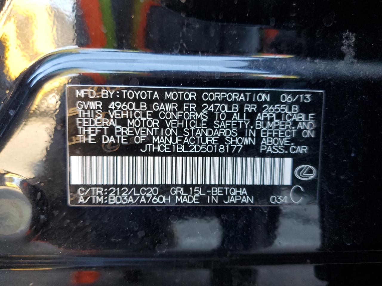 2013 Lexus Gs 350 VIN: JTHCE1BL2D5018177 Lot: 80900255