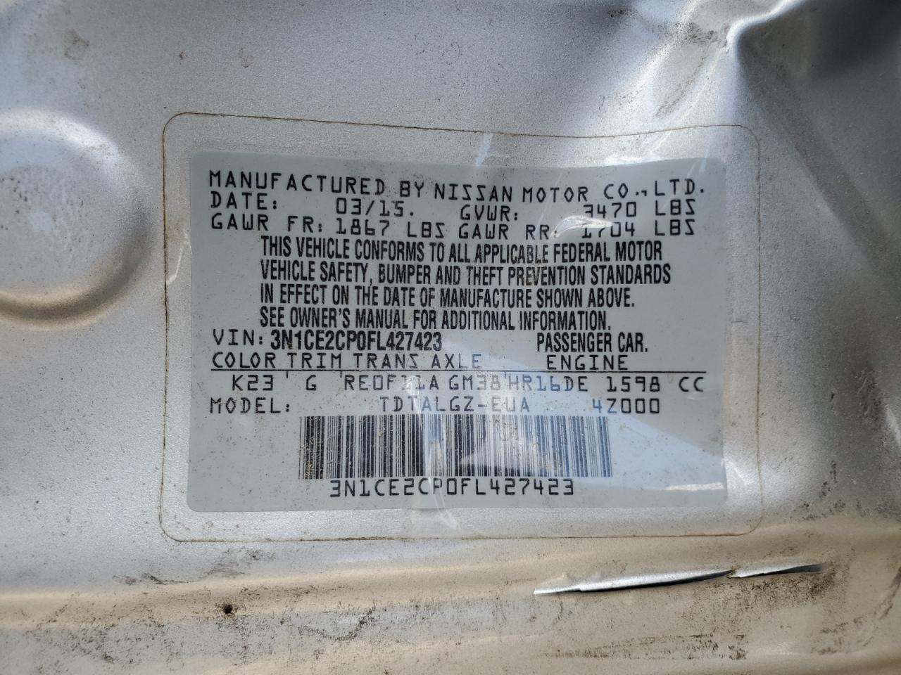 2015 Nissan Versa Note S VIN: 3N1CE2CP0FL427423 Lot: 82034285